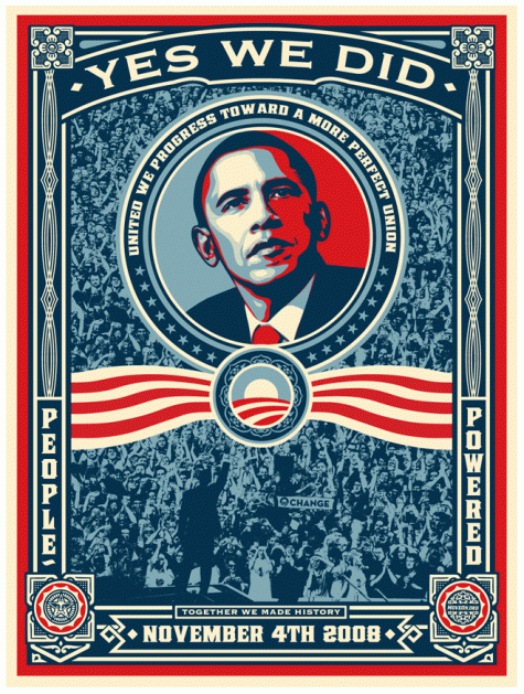 Shephard Fairey "Yes We Did - Victory" Obama poster for moveon.org